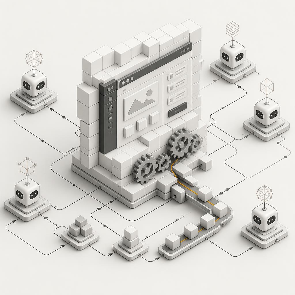 Ilustración isométrica de una fábrica de software con agentes de IA conectados